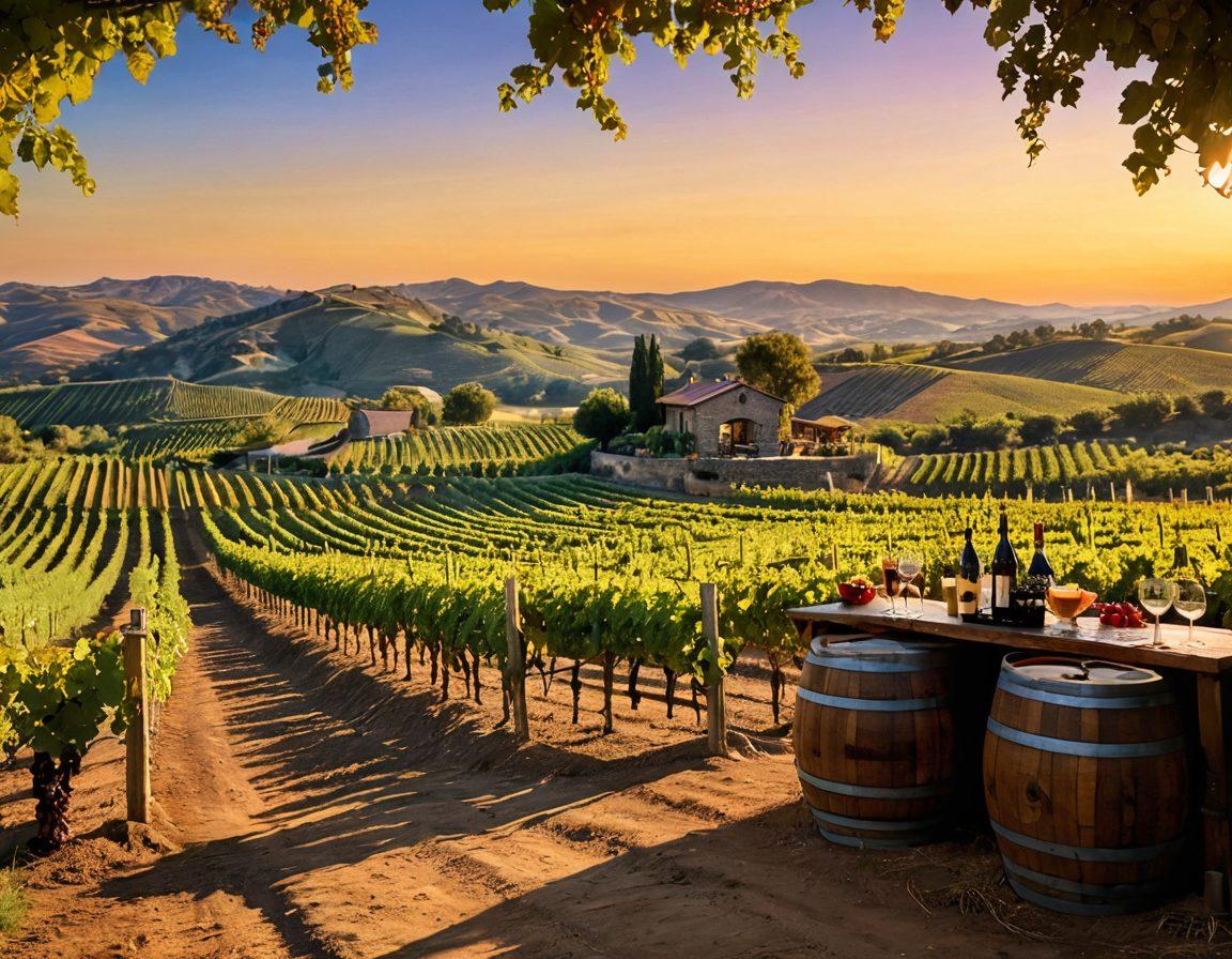 A picturesque vineyard landscape at sunset, with rows of grapevines stretching into the distance, rustic wine barrels strategically placed, and a couple savoring wine at a tasting table adorned with cheese and fruits. The sky is filled with warm hues reflecting the golden hour, while a backdrop of rolling hills adds depth to the scene. super-realistic. vibrant colors.