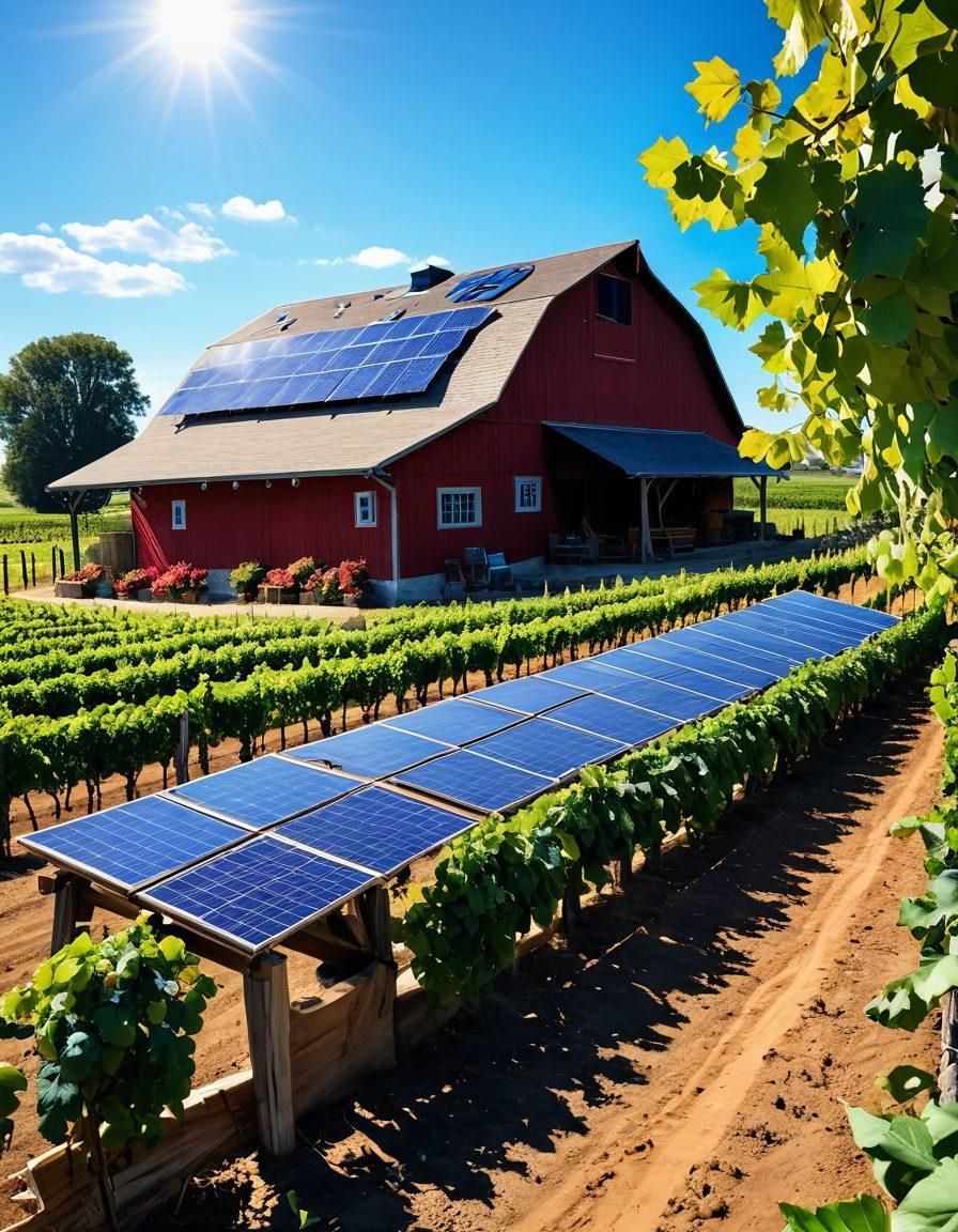 A picturesque vineyard scene showcasing rows of lush organic grapevines under a bright blue sky. Include elements of sustainable practices such as solar panels on a barn, bees pollinating flowers, and a rustic wooden sign that says 'Organic Farming'. The scene should evoke a sense of harmony with nature. vibrant colors. super-realistic.