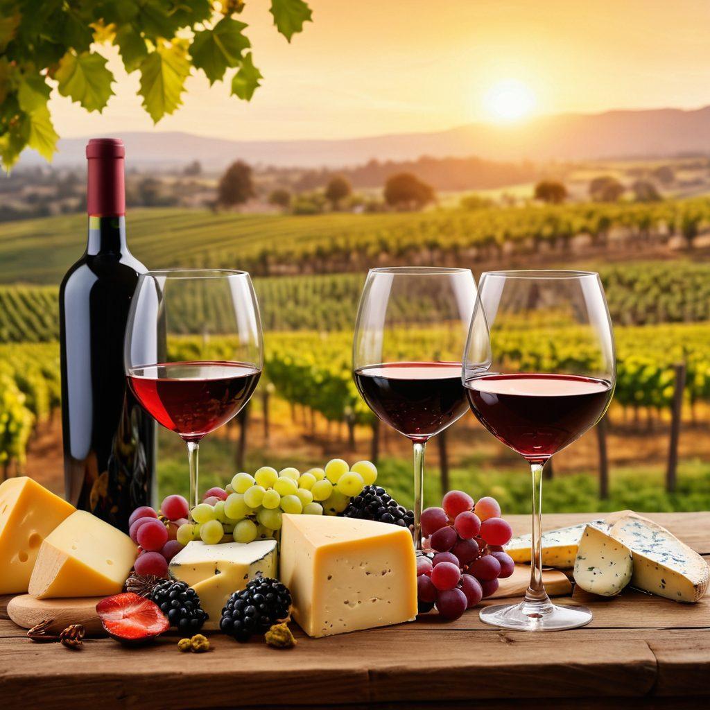An elegant wine tasting scene featuring a variety of wine glasses filled with different colored wines on a wooden table, surrounded by gourmet cheese, fruits, and herbs. A backdrop of a vineyard at sunset adds a warm glow, inviting the viewer. Include a knowledgeable taster with a notebook, taking notes, to evoke the essence of wine enthusiasm. Enhance with rich colors and natural lighting. super-realistic. vibrant colors.